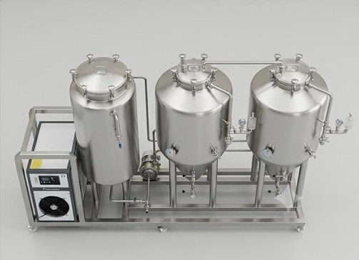 Cụm tank lên men 200L và máy lạnh glycol trên một khung