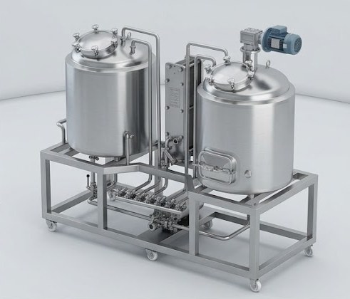 Two-vessel brewhouse on a shared stainless skid